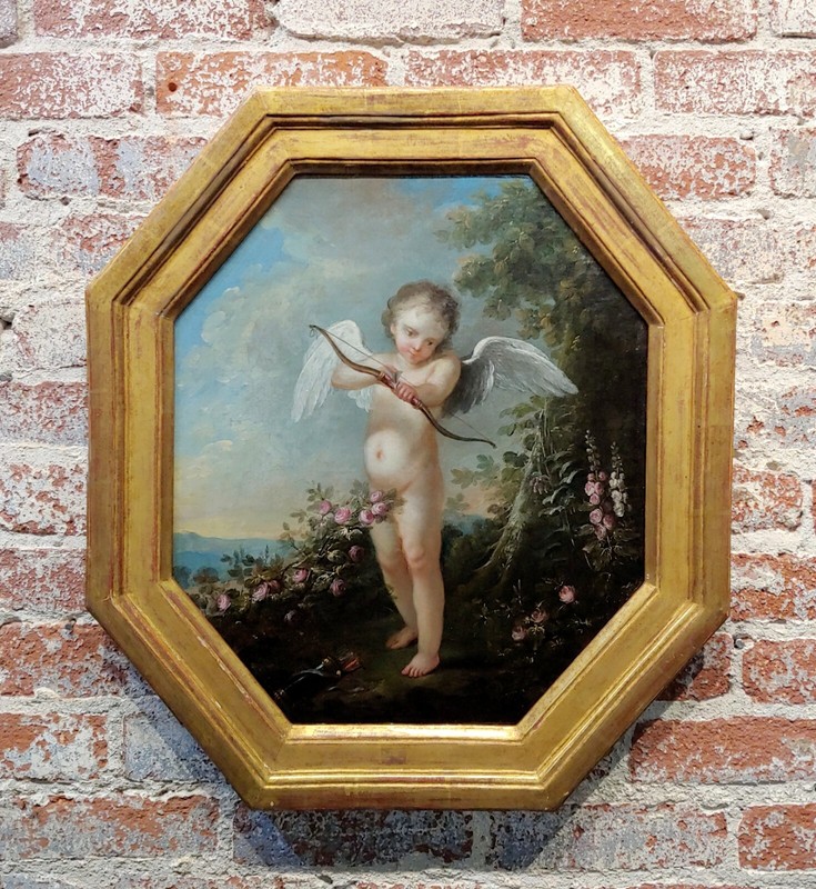 Cupid w/ Bow and Arrow -18th century French Oil painting