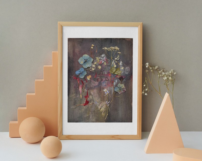 Pressed flower artwork on dark, Botanical herbarium dried leaves art gallery