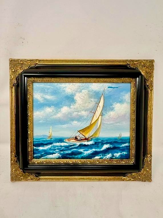 Sailing Into Blue Framed Sailboat Painting Black Gold Frame Wall Art