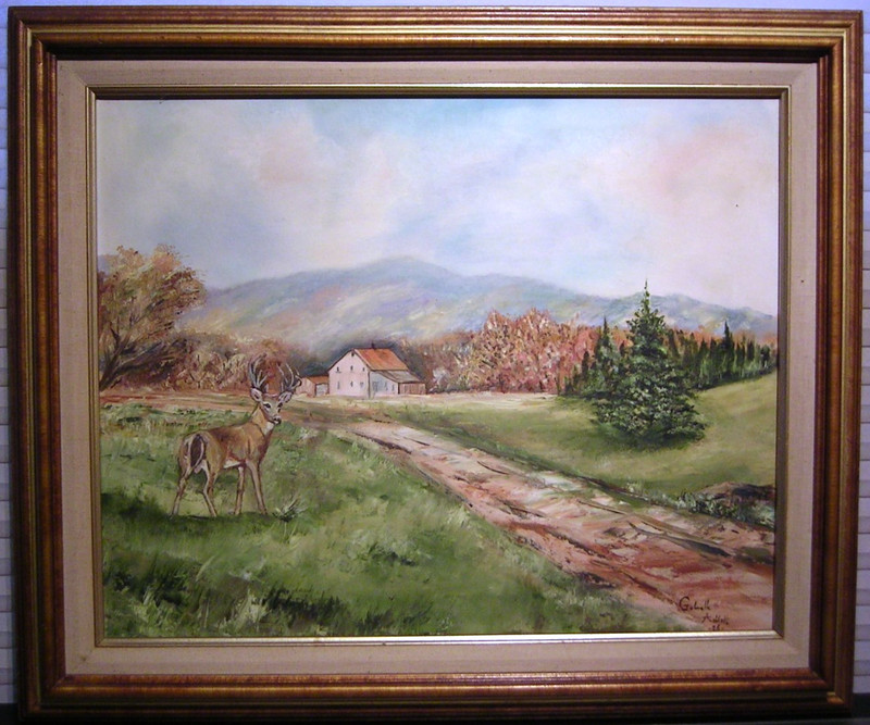 Vtg Original Mountain Landscape Deer Oil Painting Signed