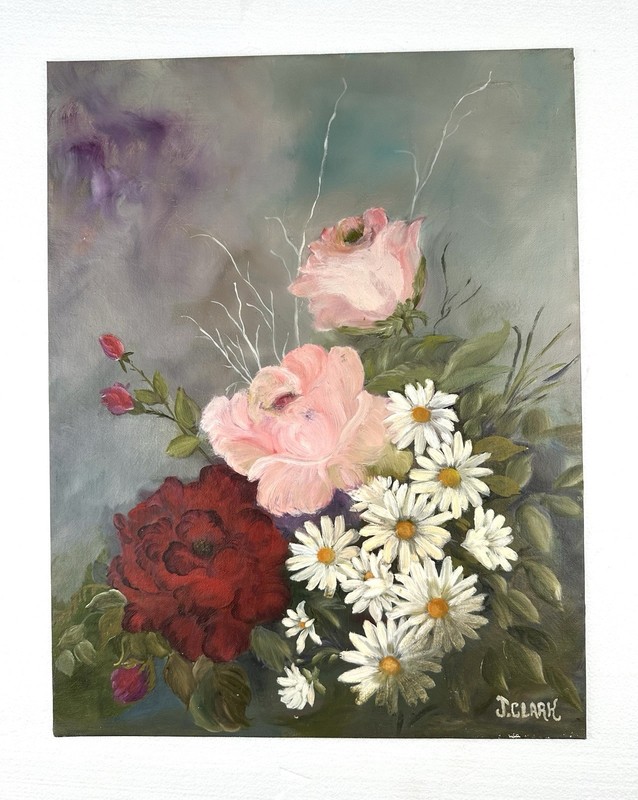 Vintage Oil Painting Floral Still Life Bouquet Decorative Art Roses Daisy 14×18