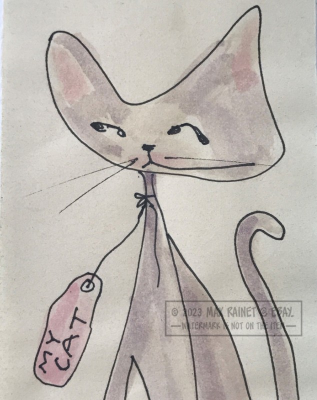 My Cat 2011 by C Peterson * Orig Miniature Painting * Whimsical Sly Gray Kitty