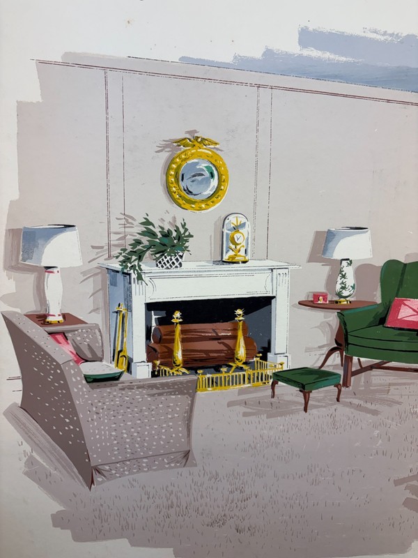 Mid Century Gouache Painting Rendering Board Signed Dick West Ad Interior Design gallery