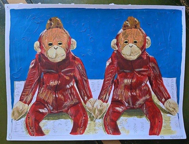 OOAK Original Acrylic Art Painting On Paper 12″ X 9″ Pair 2 Monkeys Creepy Funny