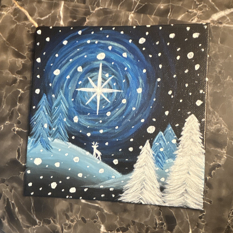 Hand-Painted Winter Night Landscape Painting, Snow Trees Starry Sky, Small 6”x6”