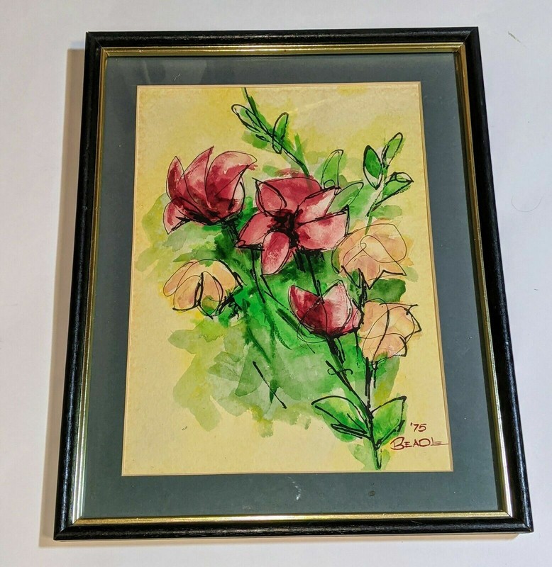 Vintage Art Watercolor Painting Bouquet of Flowers 1970’s Retro Signed Beadle