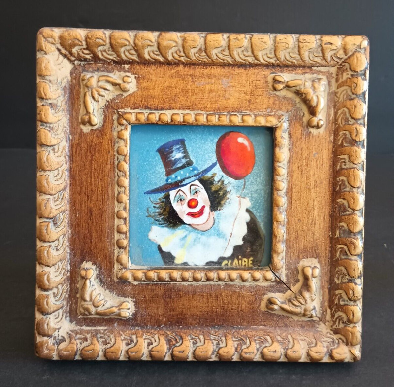 Vitg 70s Artist Signed Claire Painted Enamel on Copper Clown Painting Framed