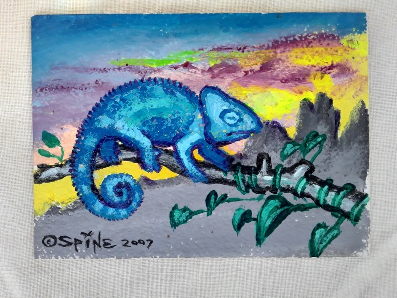 Tiny Size Original Art by Spine OLD WORLD CHAMELEON 2.5 by 3.5 ACEO