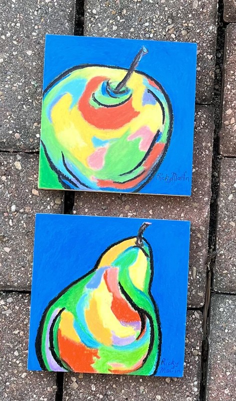 Abstract Pear and Apple Original Oil Pastel 6 X 6 X 1/2 Inch RICKY MARTIN