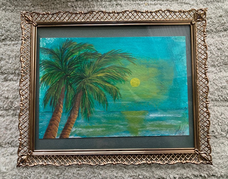 Palm Trees On Ocean At Sunset, Hand Painted And Framed