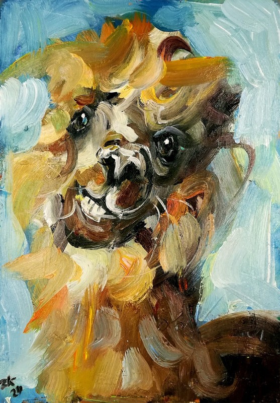 Original Oil Painting Funny Animals Art Lama Portrait Impressionism Signed