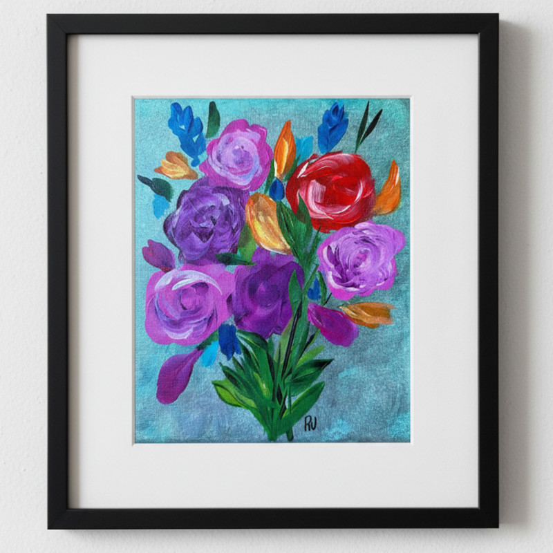 Colorful Original Flower Acrylic Painting «Color Splash» Signed Canvas 8×10