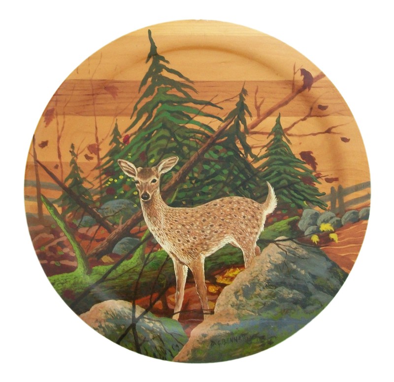 D.G. BENNETT – ‘U.S. White Tailed Deer’ – Painted Wood Plate – Late 20th Century