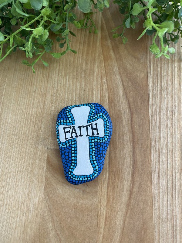 Handpainted Rock W/ Cross Design & The Word Faith Dot Painting gallery