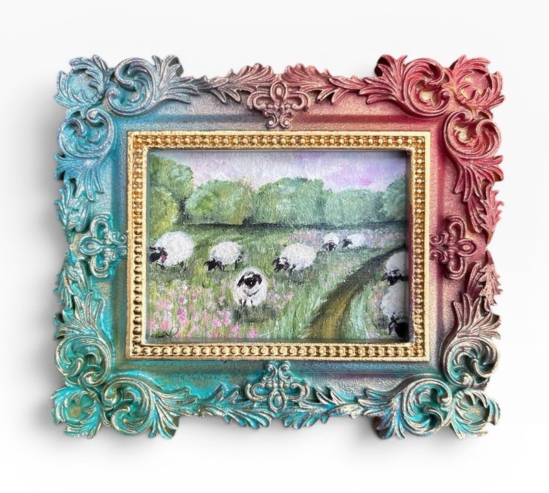 Sheep floral meadow landscape Giclee fine art print in mini vintage style frame