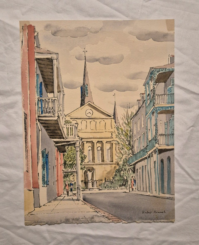 Hurbert Hanush Watercolor 15×11 1950s New Orleans French Quarter Signed