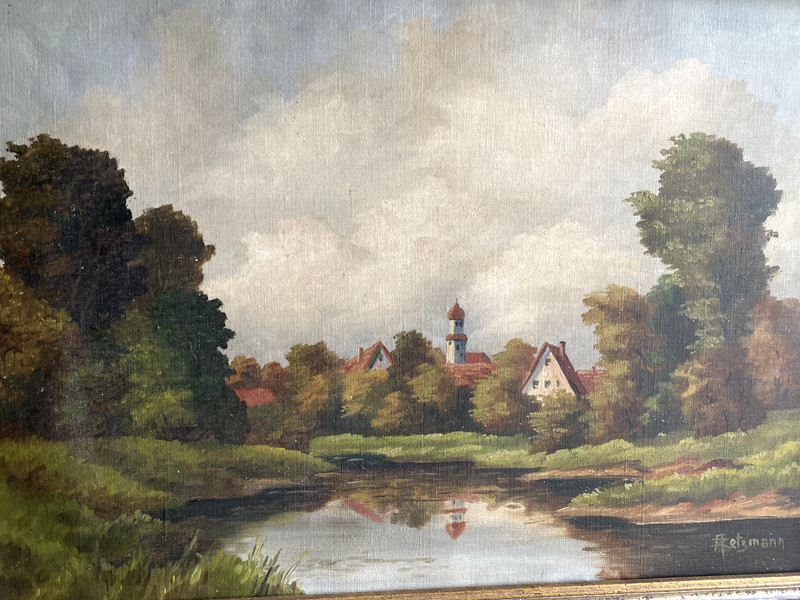Arno Zahid 1904 Oil Painting Landscape With Church South German Home At Water gallery