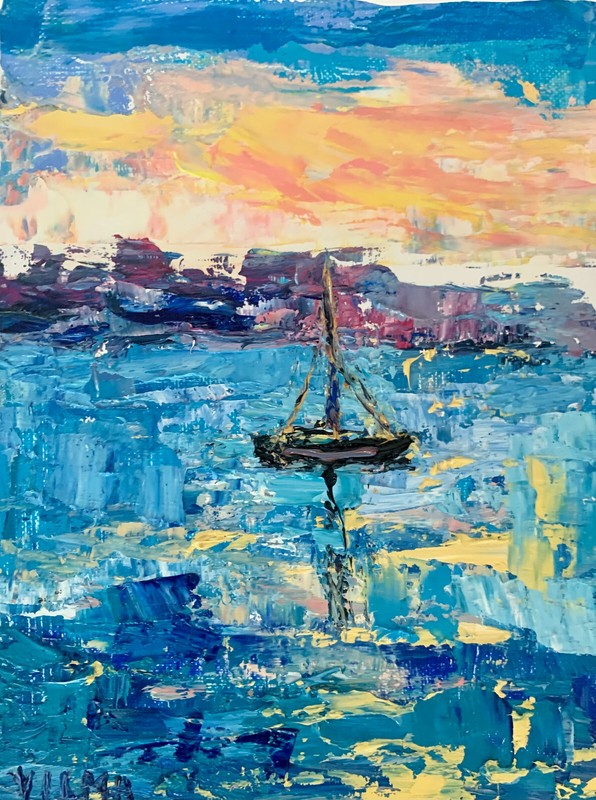 Sunset Seascape Oil Painting On Canvas Board Sailboat Landscape Wall Art Decor gallery