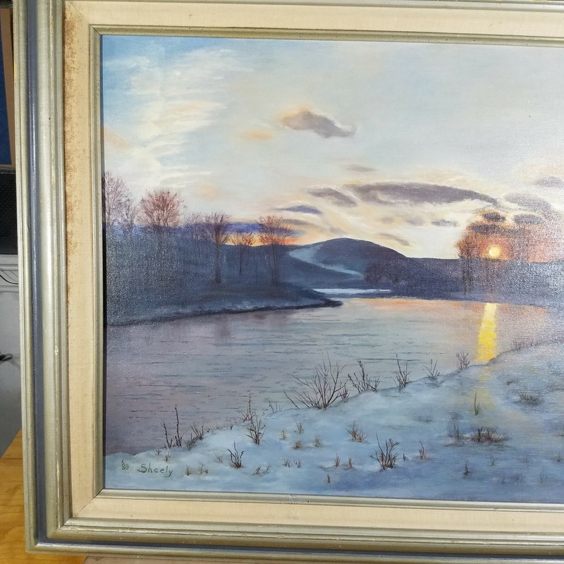 Oil On Canvas 18 X 24 Sheely Winter Scene Sunset Over Rural Stream Wilderness gallery