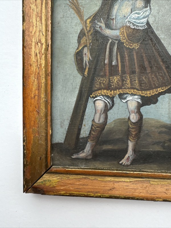 ANTIQUE PAINTING RELIGIOUS ICON ICONIC PORTRAIT retablo metal cross 19th century gallery