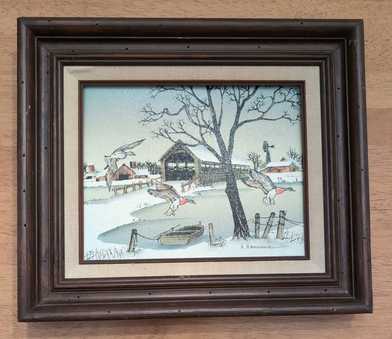 H. Hargrove Signed Framed Canvas Painting Frozen Pond Ducks Covered Bridge