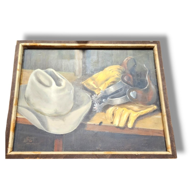 Kay Hendricks OOAK Original Western Cowboy Hat Painting Revolver Rustic Framed