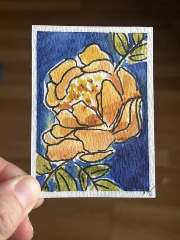 ACEO – Abstract Yellow Flower watercolor and black pen OOAK Signed/Dated