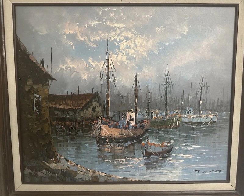 Vintage Paolo Stirrat Oil Painting of Fishing Boats Dock Harbor Nautical, Signed