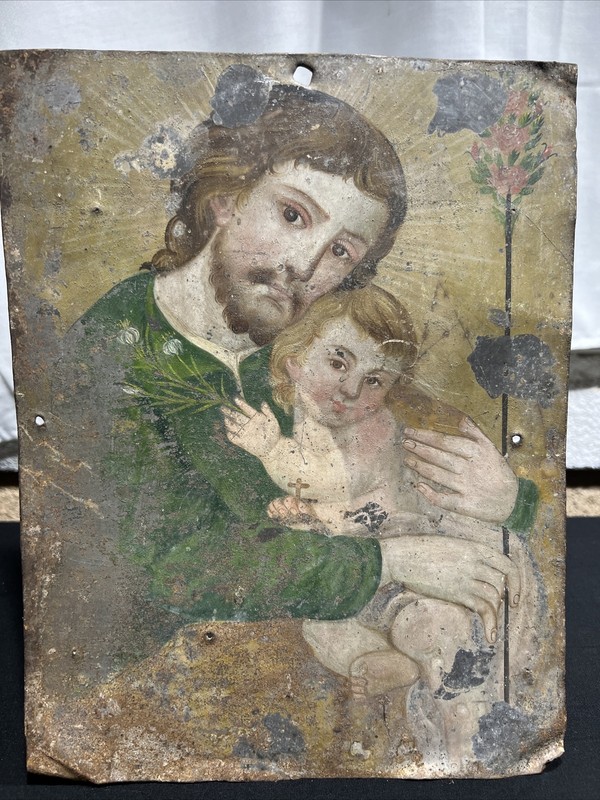 19th Century Painting Oil on Tin Saint Joseph & Child Jesus