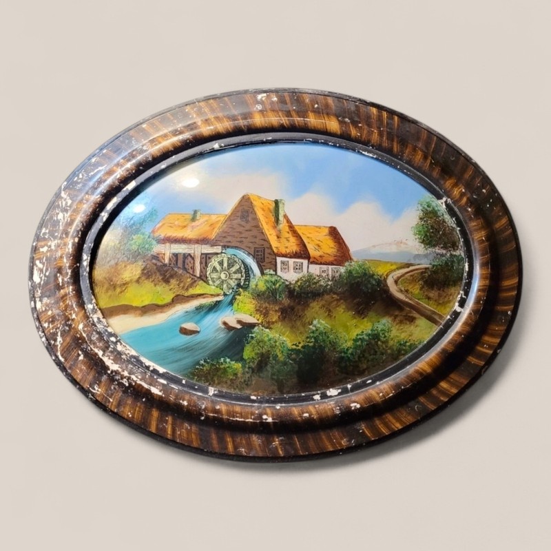 Antique Reverse Bubble Glass Painting Watermill Landscape in Oval Wood Frame