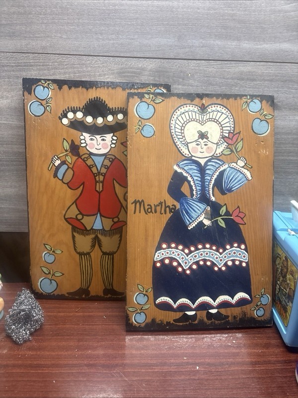 Vintage Fraktur Style Folk Art Painting on Wood of George & Martha Washington