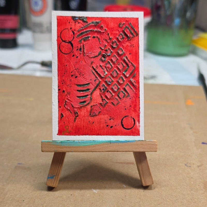 Original Abstract Miniature Painting Red Signed Handmade Unframed Paper Art