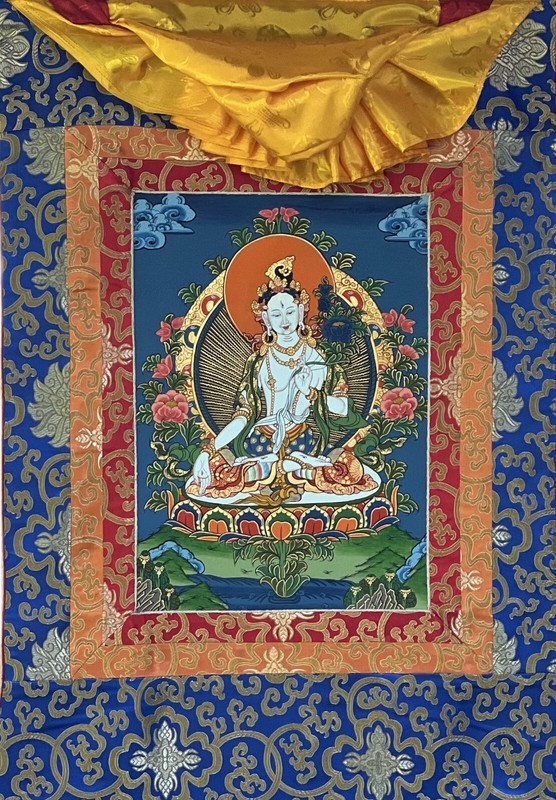 WHITE TARA MOTHER GODDESS ORIGINAL TIBETAN THANGKA PAINTING WITH SILK BROCADE gallery