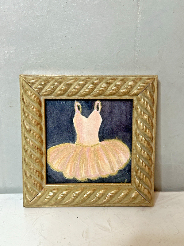 ORIGINAL FRAMED MINI WATERCOLOR PAINTING BALLET TUTU COQUETTE GIRL 4X4