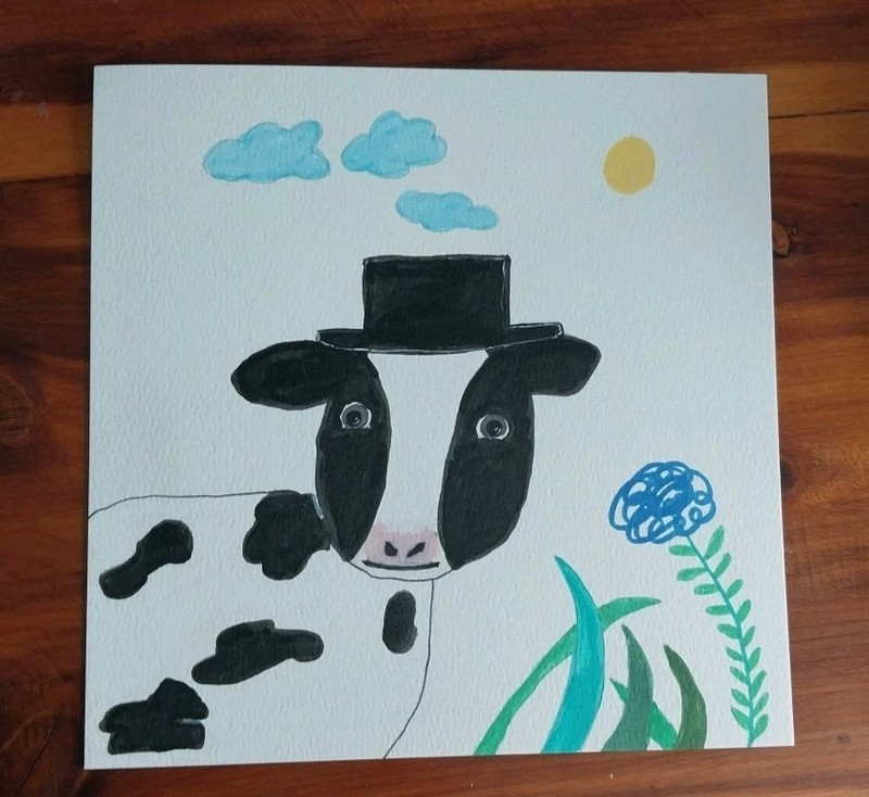 Cow In Hat IMPRESSIONISM WHIMSICAL ANIMALS Landscape ORIGINAL Painting 8×8 Inch