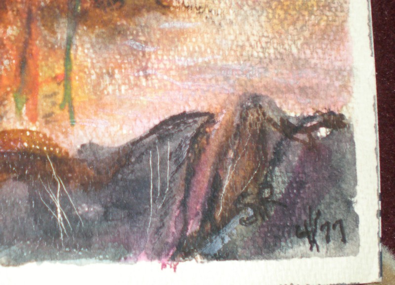 New England Harbor scene Boats / Canoe in the Sunset Gouache Initial SR dated gallery