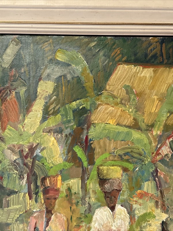 MID CENTURY PAINTING INDIA OR MOROCCO SIGNED IMPRESSIONIST VILLAGE WORKERS OIL gallery