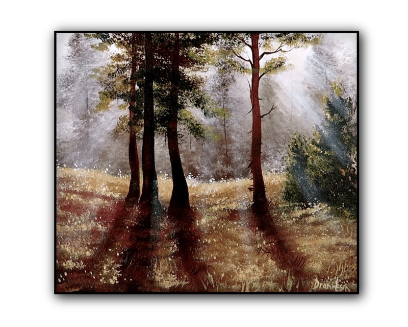 Original Acrylic Landscape Painting 12×14″ PINE TREES IN SUNLIGHT Wall Art