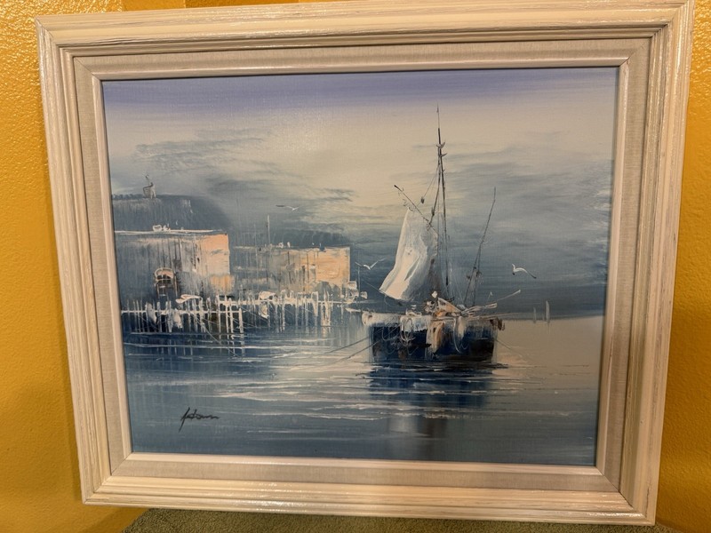 MCM Blue Pastel Impressionist Seascape Harbor w/Boat Oil Painting~Signed~16×20
