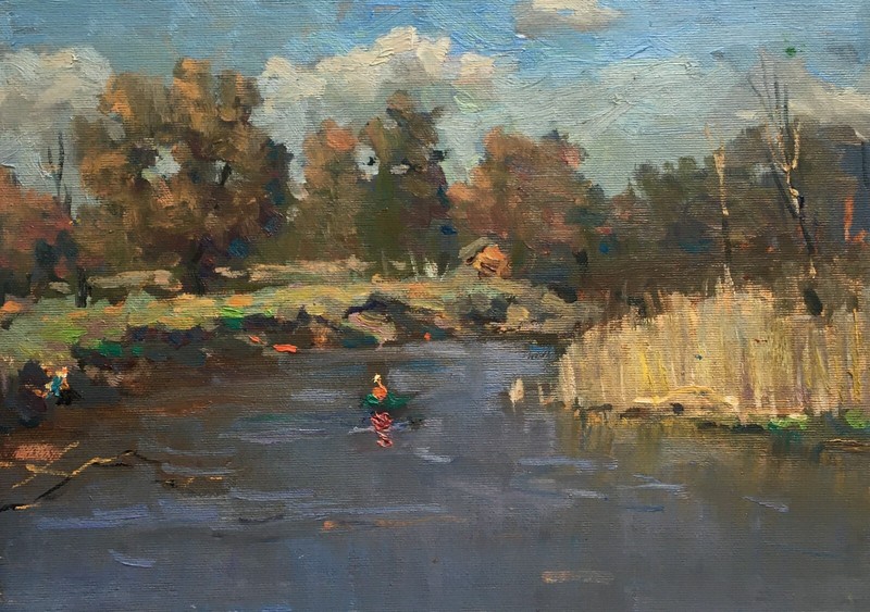 Oil painting Boat Ukrainian painter Canvas Unframed Decor original landscape art
