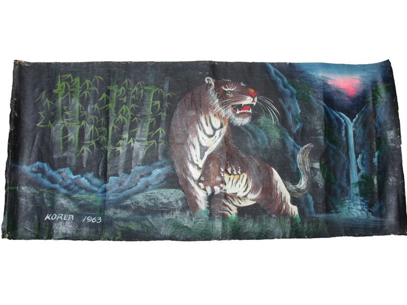 VINTAGE ART OIL ON CANVAS TIGER KOREA 1963