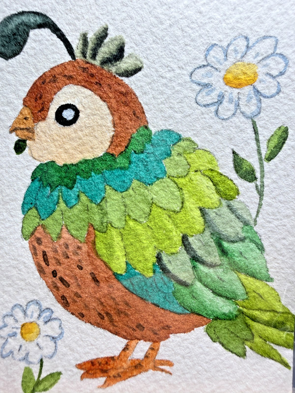 ACEO Original OOAK Signed (Not a Print) «Garden Quail» & Flowers Leaves Hybrid