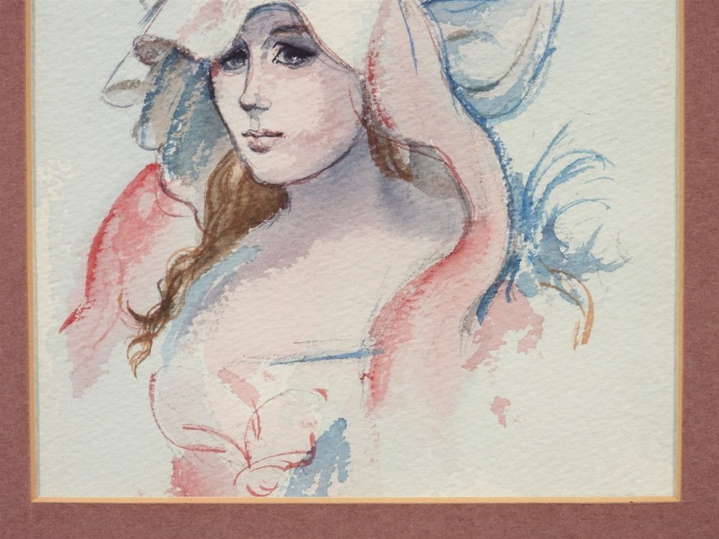 American School Lady With Fashionable Bonnet Portrait Watercolor Painting gallery