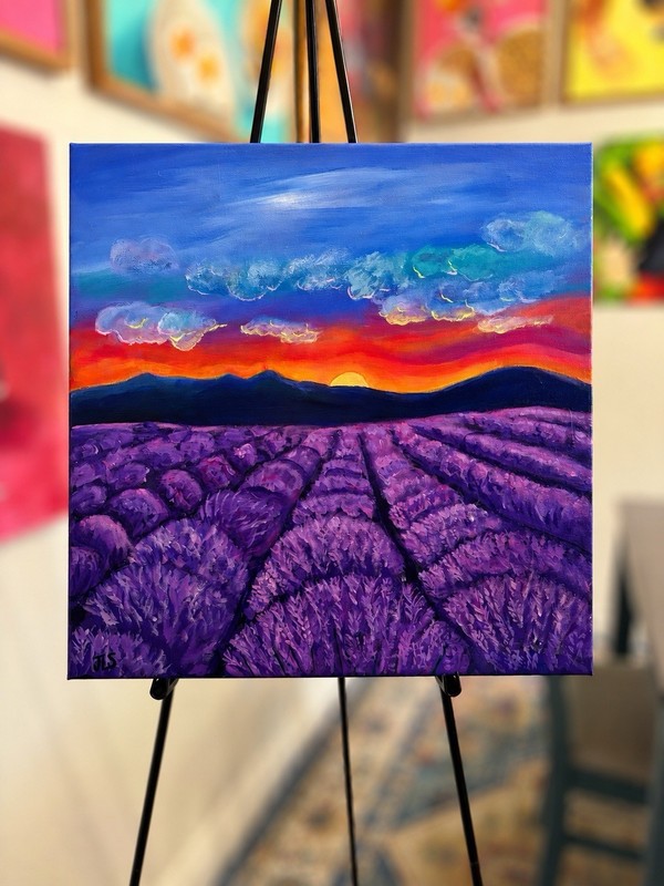 Lavender Field Painting Purple Landscape Wall Art Sunset Canvas Decor 20×20