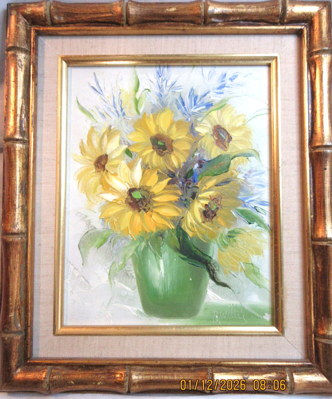 FRAMED~GOLD PAINTED BAMBOO~OIL ON CANVAS PAINTING OF SUNFLOWERS SIGNED P. WILLIS