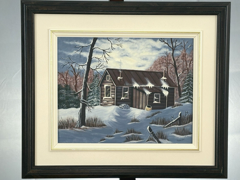 Winter Cabin Original Oil Painting – Signed Marison – Framed Canadian Art