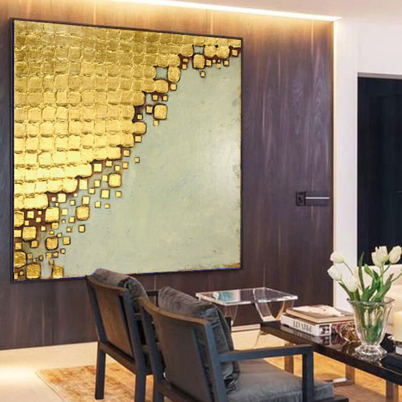 Abstract Painting Gold Painting Large Wall Art Gray Abstract Painting Gold Art