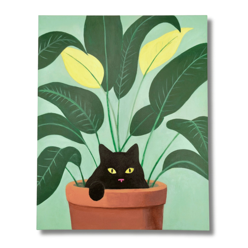 «If I Fits I Sits» Original Acrylic Painting of Black Cat in a Flower Pot