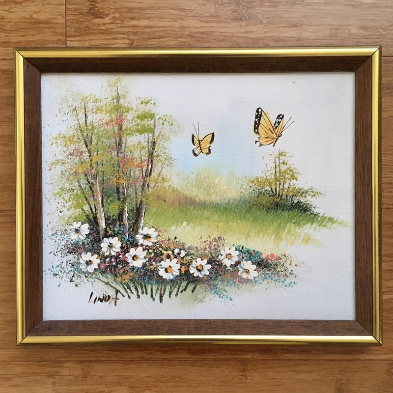 Vintage Framed Nature Scene Art Flowers Spring Butterflies Original Painting