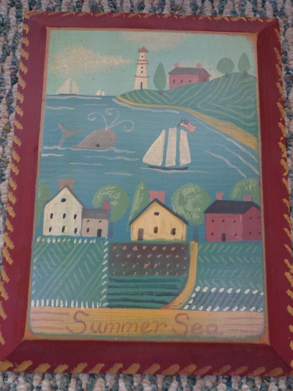 Original Wendy Presseisen Signed Folk Art Wood Panel Painting – SUMMER SEA